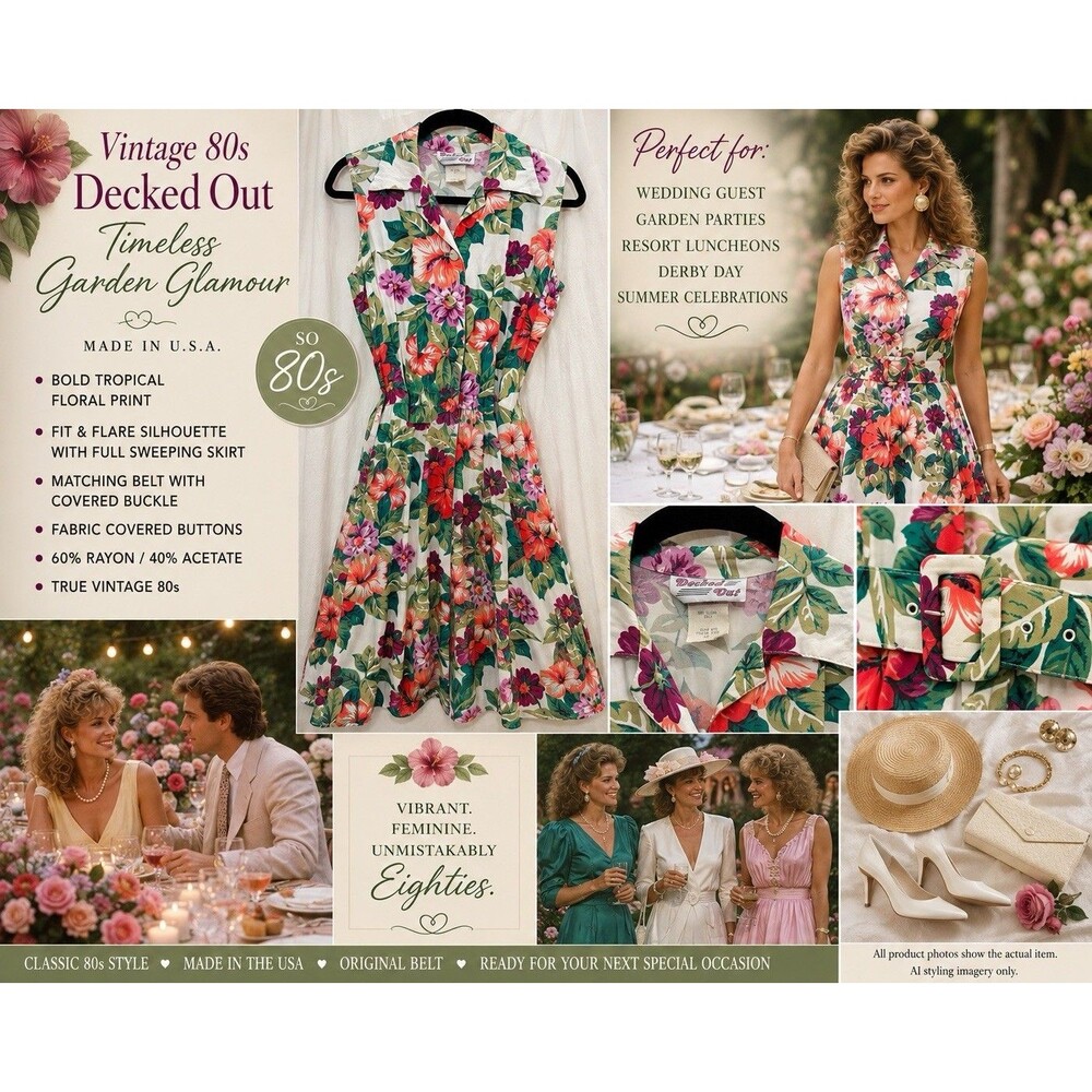 VTG 80s Decked Out Floral Dress Belted Fit Flare Wedding Guest USA Made collared